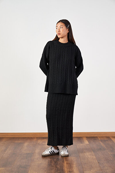 Mevra В'язаний светр Oversize, довга спідниця, трикотажний комплект, чорний