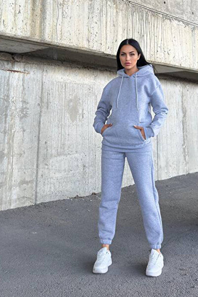 CİDDE Women's Three Thread Kangru Pocket Hooded Compact Combed Cotton Inside Fleece-Lined Tracksuit Set