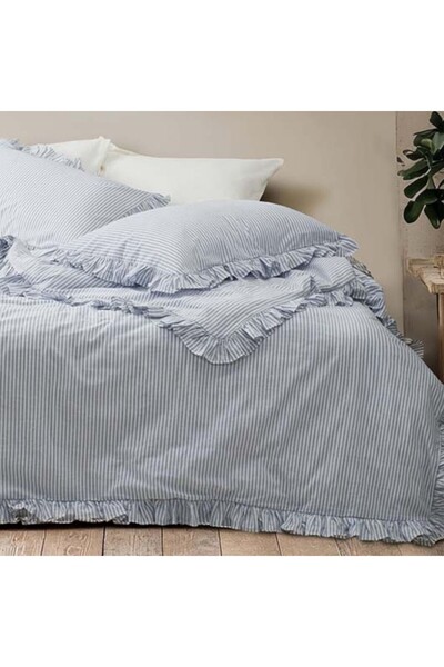 Class-Majoli Double bed ruffled bedding, 100% prewashed ranforce cotton, Milagros Ren storm with blue stripes