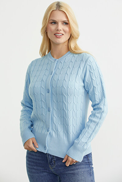 Sementa Buttoned Crew Neck Knit Cardigan - Blue