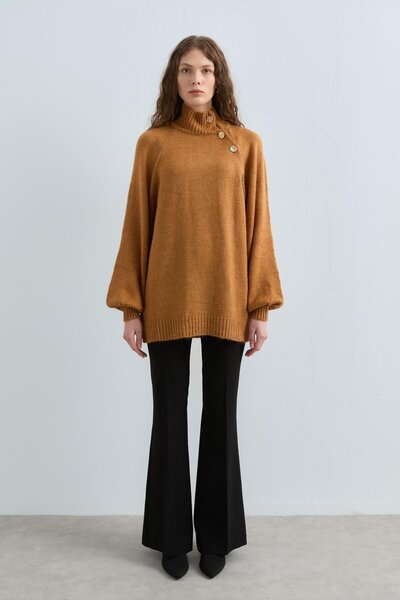 Nihan Düğme Detaylı Triko Tunik Hardal