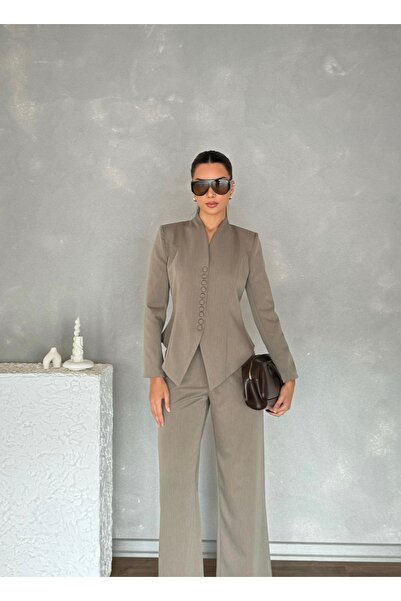 Nesil Shoulder Pad Piece Classic Women's Arven Jacket and Pants Set with Buttons on the Front