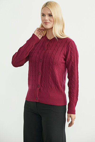 Sementa Buttoned Crew Neck Knit Cardigan - Burgundy