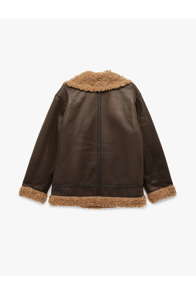 Koton Jachetă de motociclist aspect de piele cu mâneci lungi, buzunar cu fermoar și guler de pluș