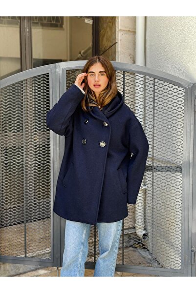 Retrobird Urban Retro cu glugă supradimensionat Jachetă Palton Femei Bleumarin