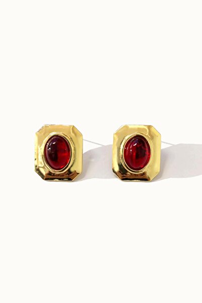 New Obsessions Gold Detailed Colorful Stone Square Steel Vintage Earrings
