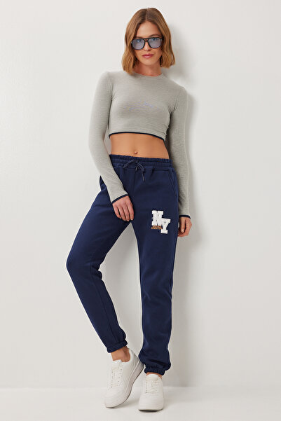 Lovelyİstanbul Embroidered Ş Fleece-Lined Jogger Sweatpants Lzv0039 Dark Blue