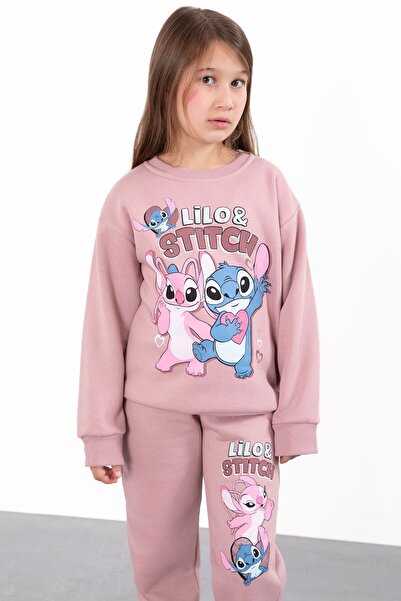 Cansın Mini Dusty Rose Cute Glitter Character Print Fleece-Lined Girls Tracksuit Set 23296