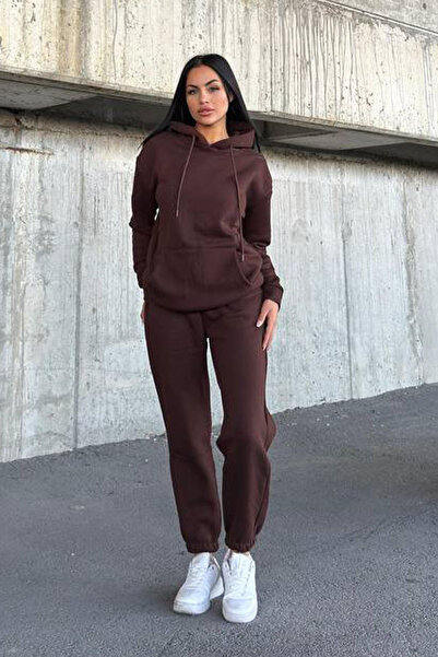 CİDDE Γυναικείο κοστούμι επένδυση fleece σετ φόρμας με κουκούλα με τρεις κλωστές Kangru, συμπαγές χτενισμένο βαμβάκι, εσωτερικά άνετο