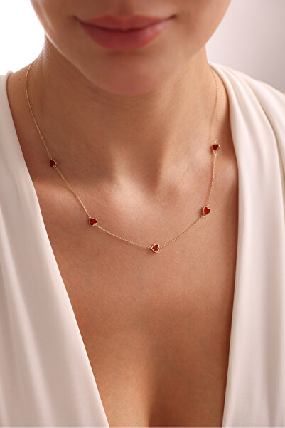 Giza Jewelry 14 Ayar Altın Kırmızı Mineli 5 Kalp Kolye