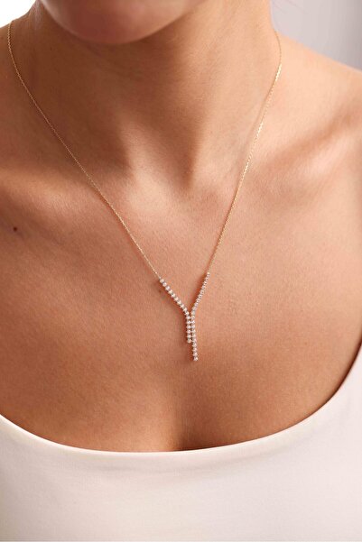 Giza Jewelry 14 Ayar Altın Beyaz Taşlı Su Yolu Sallantılı Kolye
