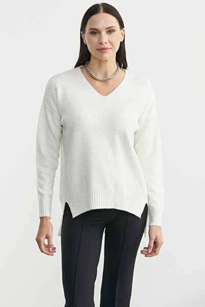Sementa supradimensionat Pulover tricotat cu decolteu în V - Bone