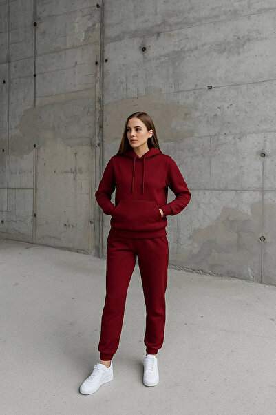 CİDDE Γυναικείο κοστούμι επένδυση fleece σετ φόρμας με κουκούλα με τρεις κλωστές Kangru, συμπαγές χτενισμένο βαμβάκι, εσωτερικά άνετο