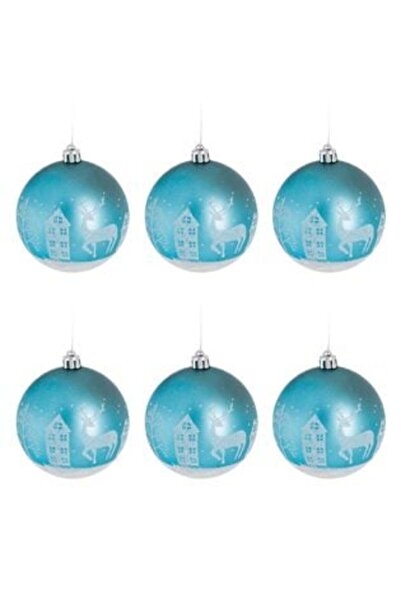 Silver Star Set of Turquoise Christmas Globes Snowscapes with Glitter Ø8 cm - 6 pcs