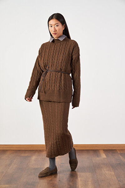 Mevra Σετ πλεκτό πουλόβερ oversized μακριά φούστα και πλεκτό καφέ