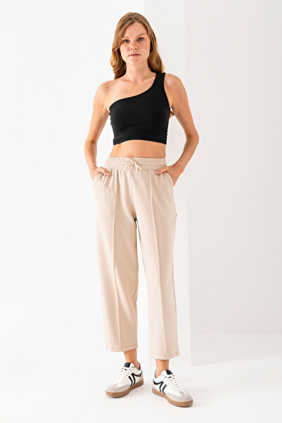 OLİZZA Women's Beige Balloon Fit Double Pocket Modal Fabric Soft Textured High Waist Elastic Stretch Fabric Sweatpants