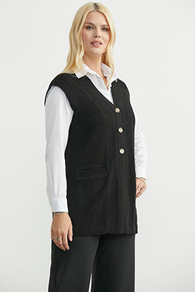 Sementa Buttoned Knit Vest with Pockets - Black