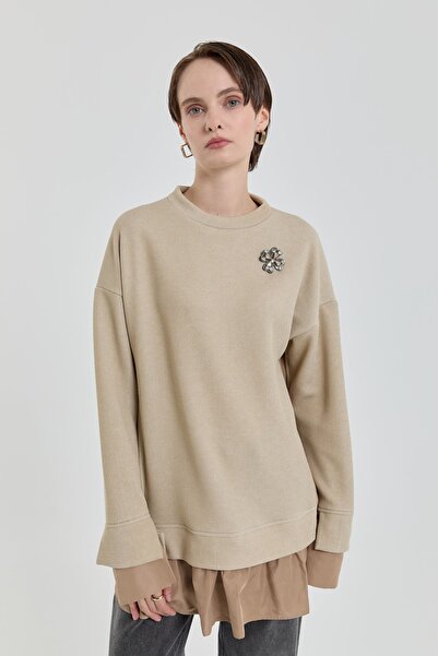 Nihan Broş Detaylı Simli Örme Tunik Bej