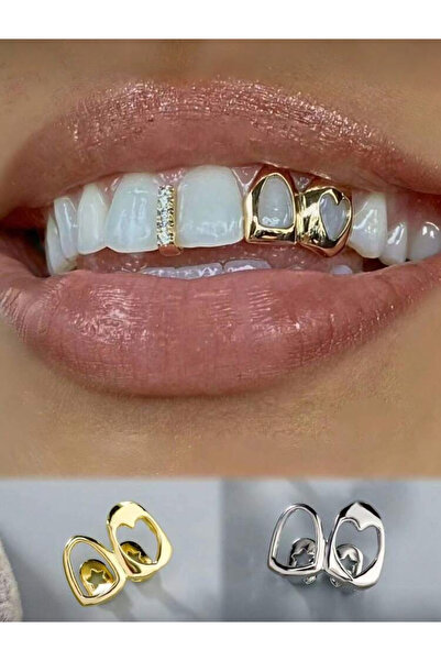 La Saade Y2K Gümüş Rengi İkili Kalpli Yuvarlak Tooth Gems Grillz Diş Aksesuarı