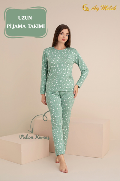 AYMELEK Women's Pajama Set Patterned Cotton Crew Neck Set
