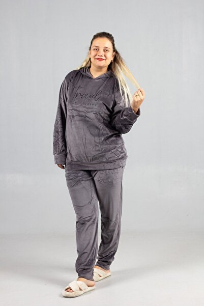 Truva XXL Hooded Velvet Plus Size Set Gray – Premium Quality, Comfortable and Stylish Women's Tracksuit Set