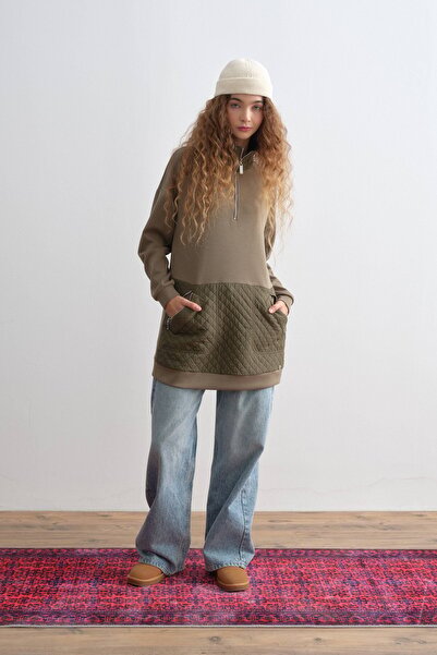 Nihan Cep Detaylı Kapitone Garnili Sweat Haki