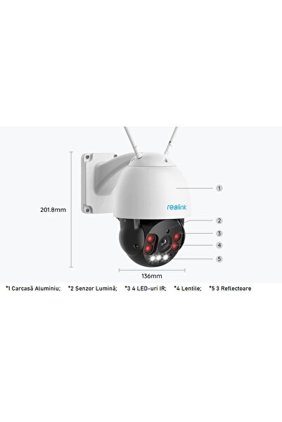 ReoLink RLC-523WA PTZ WiFi surveillance camera, auto-tracking, color night vision, 5MP, microSD