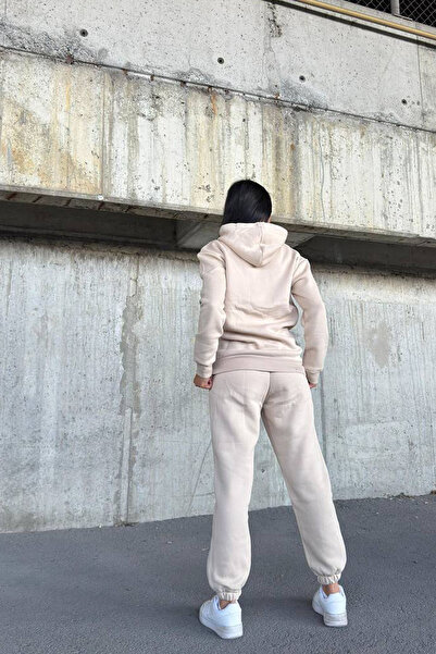 CİDDE Γυναικείο κοστούμι επένδυση fleece σετ φόρμας με κουκούλα με τρεις κλωστές Kangru, συμπαγές χτενισμένο βαμβάκι, εσωτερικά άνετο