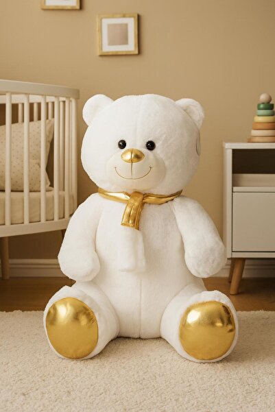 hak-iş oyuncak دمية دب قطيفة بيضاء - ذهبية بتفاصيل وشاح 80 سم