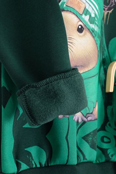 Cansın Mini Green Cool Mouse Printed Fleece-Lined Boy's Tracksuit Set 23293