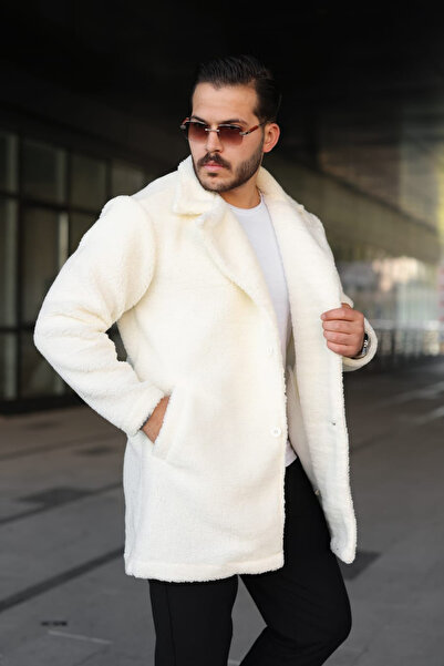 Tarz Cool Чоловічий білий плюшевий пальто з ґудзиками