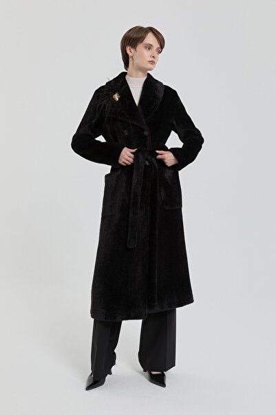 Nihan Kuşaklı Kruvaze Angora Kaban Siyah