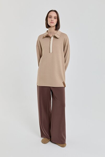 Nihan Şeritli Devrik yaka Örme Sweat Camel