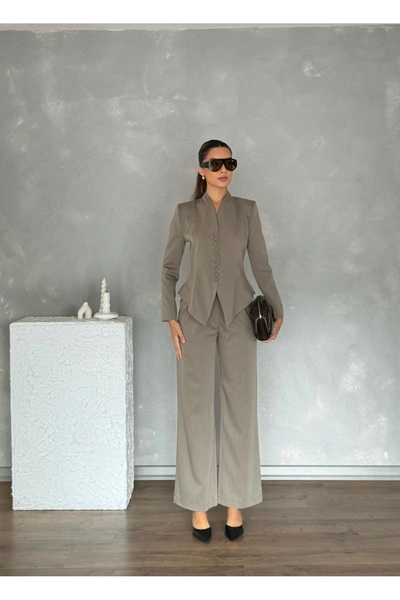 Nesil Shoulder Pad Piece Classic Women's Arven Jacket and Pants Set with Buttons on the Front