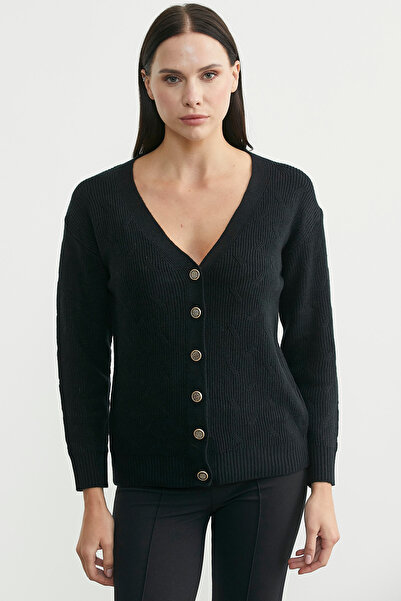 Sementa Oversized Knitwear Cardigan with Metal Buttons - Black