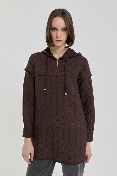 Nihan İnce Kapitone Kapşonlu Sweat Kahve