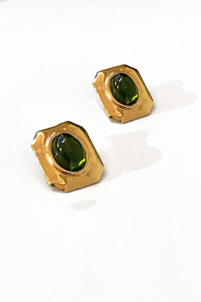 New Obsessions Gold Detailed Colorful Stone Square Steel Vintage Earrings