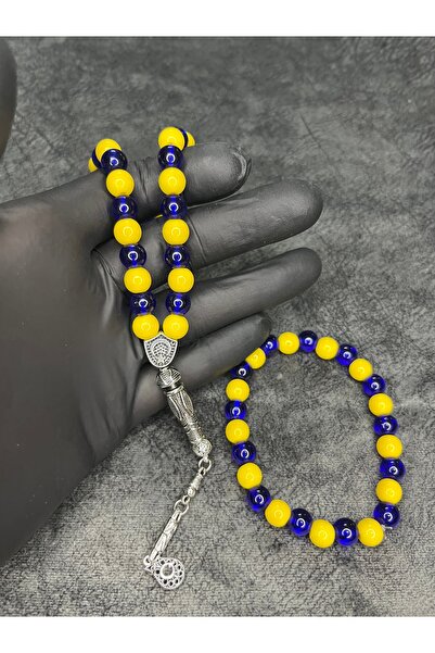 Mos Tespih Yellow Navy Blue Fan Glass Beads Natural Stone Prayer Beads and Bracelet Set