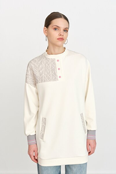 Nihan Ribana Detaylı Kumaş Garnili Örme Sweat Ekru
