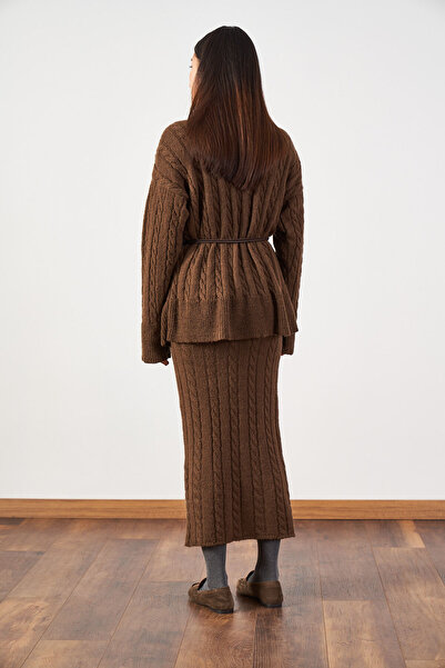 Mevra Hair Braid Oversized Sweater Long Skirt Knitwear Set Brown