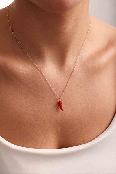 Giza Jewelry 14 Ayar Altın Mineli Kırmızı Biber Şans Kolye