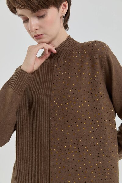 Nihan Serpme Payetli Fitilli Triko Tunik Kahve