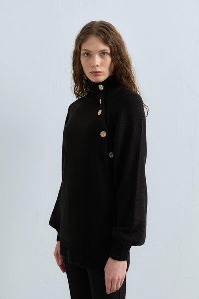 Nihan Düğme Detaylı Triko Tunik Siyah