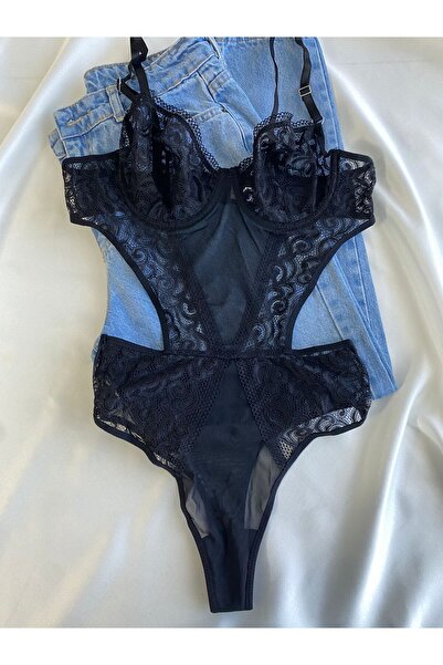 Gold Night Γυναικείο μαύρο δαντελένιο διαφανές κορμάκι Φανταχτερό εσώρουχο