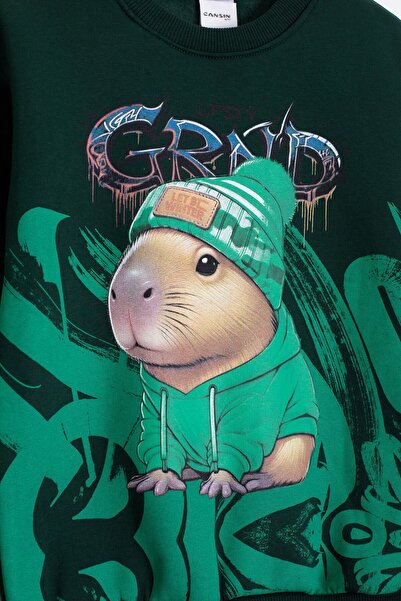 Cansın Mini Green Cool Mouse Printed Fleece-Lined Boy's Tracksuit Set 23293