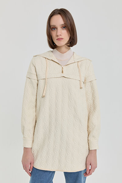 Nihan İnce Kapitone Kapşonlu Sweat Ekru