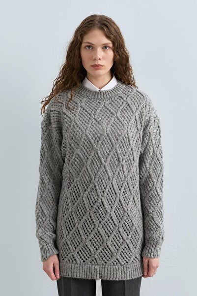 Nihan Baklava Detaylı Triko Tunik Gri