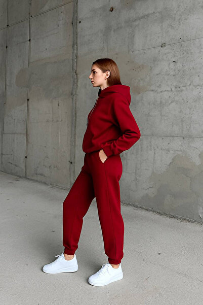 CİDDE Women's Three Thread Kangru Pocket Hooded Compact Combed Cotton Inside Sha Fleece-Lined Tracksuit Set