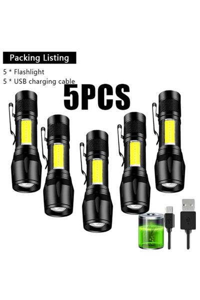 XIWANGFIRE 5 قطع من 1 إلى 10 قطع مصباح يدوي صغير COB + XPE محمول قابل للتكبير والتصغير مع فلاش تكتيكي قابل لإعادة الشحن
