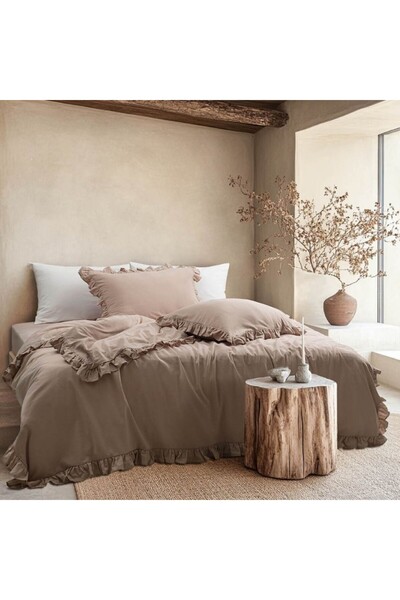 Class-Majoli Double bed ruffled bedding, 100% pre-washed ranforce cotton, Milagros Mink (Beige)